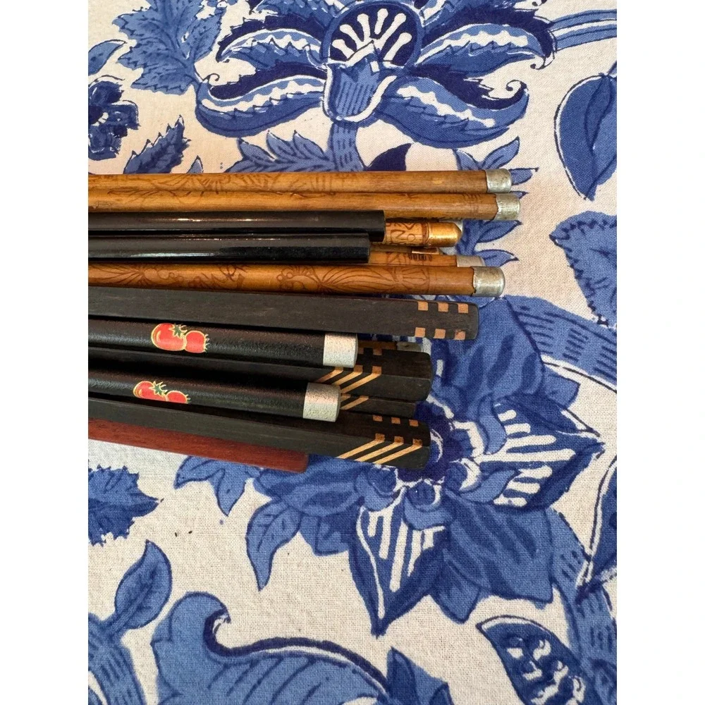 Vintage Assorted‎ Chopsticks Set 9 Pairs Bamboo Carved Wood Lacquer Inlaid Decor